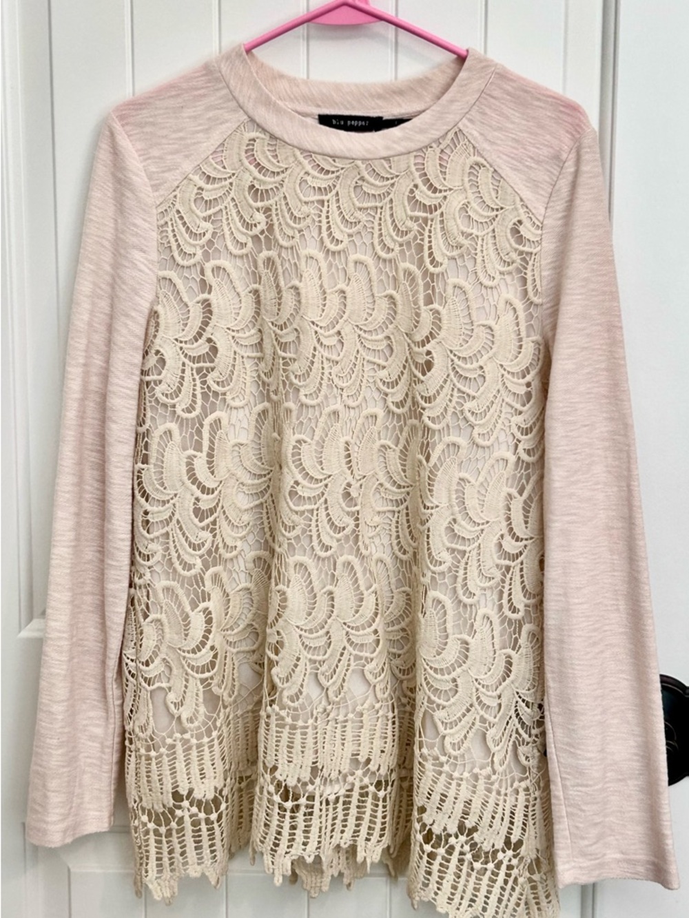Blu Pepper Lace Front Long Sleeve Top in Blush and Cream
